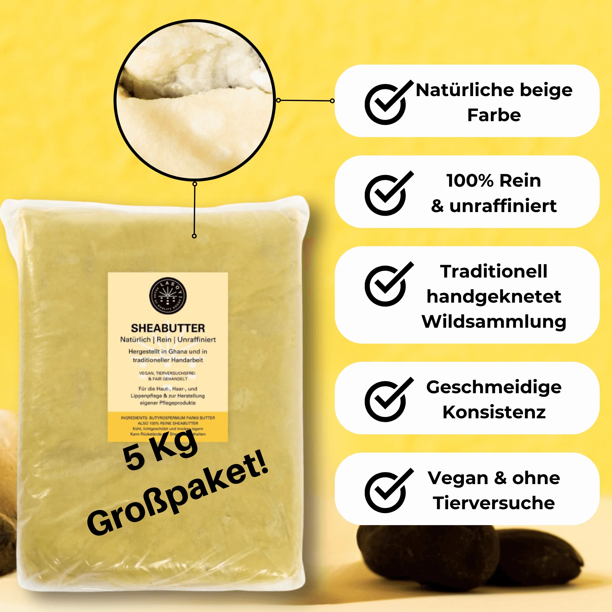 5 Kg unraffinierte Sheabutter, aus Wildsammlung, luftdicht eingeschweißt | LASOYI - Image 2